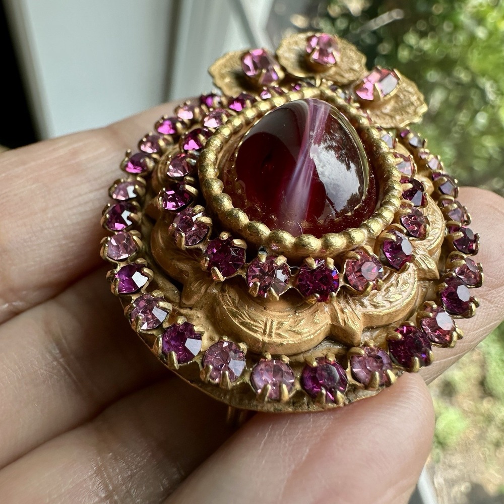 VTG Original By Robert Pendant Brooch 2 Inch Cat Eye Glass Cab Purple Rhinestone - Picture 10 of 13